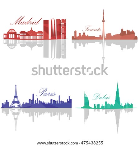 Set of Skylines, Madrid, Toronto, Paris, Dubai, Vector illustration