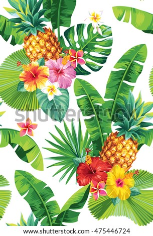 Seamless pattern with pineapples, palm leaves and tropical flowers. Vector illustration.