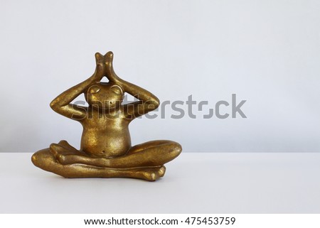 Golden frog meditating isolated against grey background