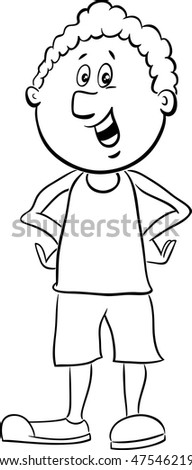 Black and White Cartoon Illustration of Elementary School Age or Teen African American Boy Coloring Book