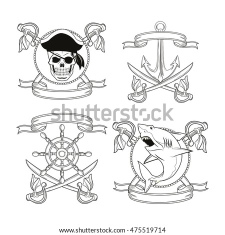 skull sword shark anchor rudder ribbon cartoon pirate tattoo marine nautical icon. Black white isolated design. Vector illustration