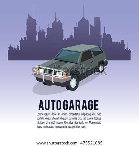 Auto garage car automobile retro cartoon icon. Colorful design. City background. Vector illustration