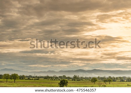 The evening sky at the edge of rice fields in Thailand.