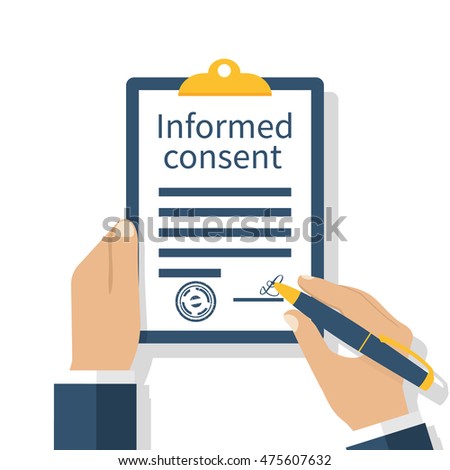 Man signs a form of information consent. Businessman signs document. Clipboard in hand. Vector illustration of a flat design. Medical agreement. Royalty-Free Stock Photo #475607632