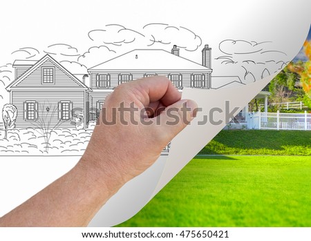Male Hand Turning Page of Custom Home Photograph to Drawing Underneath.