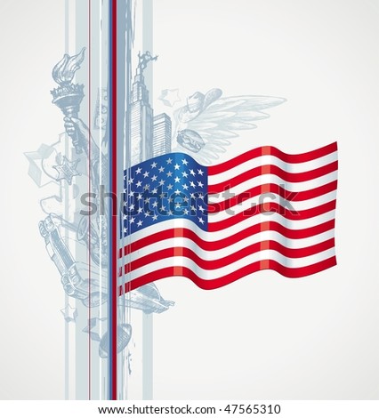 USA flag and hand drawn attributes of the American life