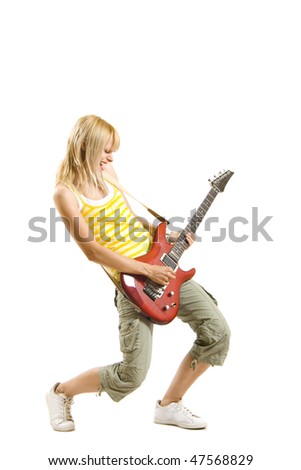 blond woman with guitar on white background