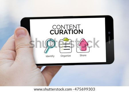 Marketing concept: Smartphone witn Content curation scheme on the screen. All graphics are made up.