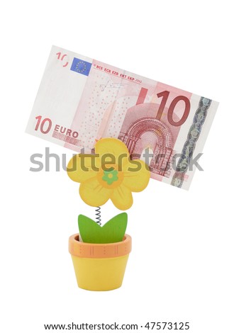 Ten euro banknote in a holder in the form of flower pot isolated on white background