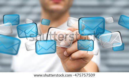 Businessman touching digital email icons with a pen 3D rendering