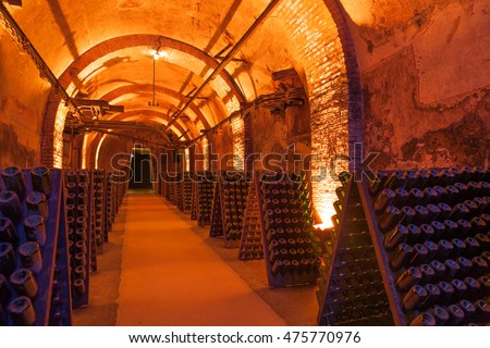 Rows of dusty champagne bottles in Reims cellar, France Royalty-Free Stock Photo #475770976