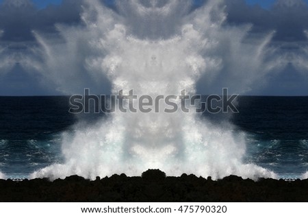 symmetric composition, kaleidoscopic, Fantastic sea foam animals,geometric composition of Wave crashing, artistic  composition,abstract photography, abstract surrealism, tribute to Dalí, Sea monsters,