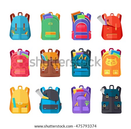 Colored school backpacks set. Backpacks with school supplies, notebooks, pencils, pens, rulers, scissors, paper. Education and study back to school, schoolbag luggage, rucksack vector illustration Royalty-Free Stock Photo #475793374