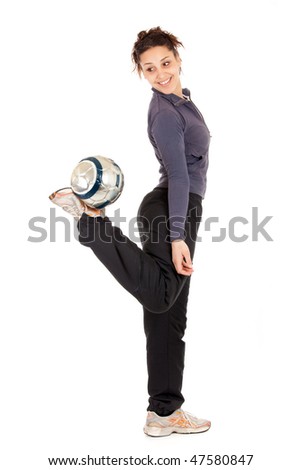 full length soccer woman playing with ball isolated on white