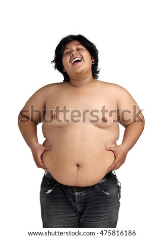 Fat boy show stomach feeling good Healthy isolated on White Background