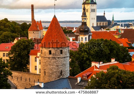 Aerial view of Tallinn old town, Estonia. Red rooftops and the castle. Popular landmark in Baltic region