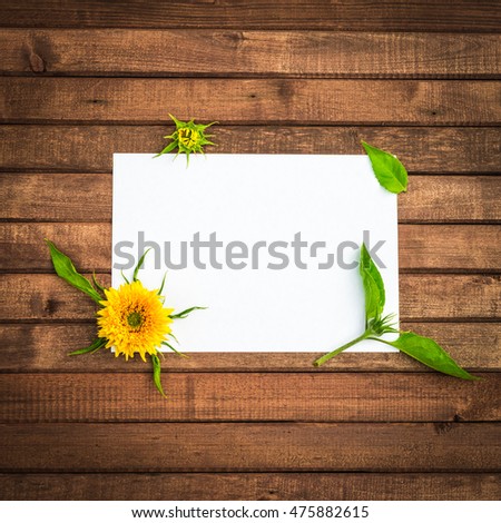 Garden flowers with blank paper for greeting message or pictures on wooden background. Vintage Floral mock up with Decorative globular Yellow Sunflower. Copy space