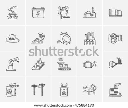 Industry sketch icon set for web, mobile and infographics. Hand drawn industry icon set. Industry vector icon set. Industry icon set isolated on white background.