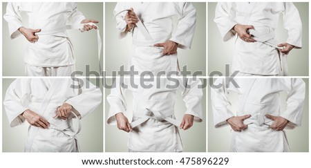 Karateka belt tying step by step pictures Royalty-Free Stock Photo #475896229