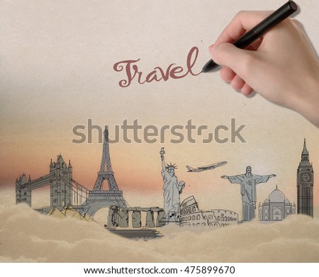 Traveling concept with hand writing travel word above sketch of landmarks on abstract sky background