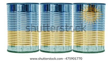 Three tin cans with the flag of Rwanda on them isolated on a white background.