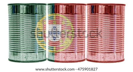 Three tin cans with the flag of Portugal on them isolated on a white background.