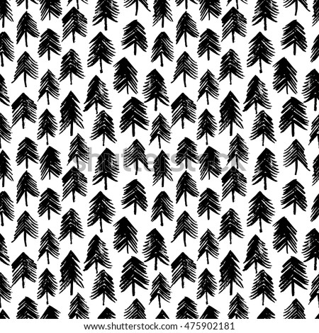 Seamless patterns with black fir-trees. Hand drawn new year background. Seamless graphic pattern. Ink illustration. 