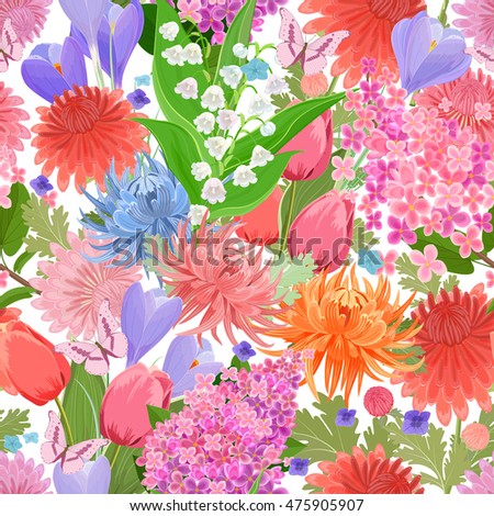 colorful seamless texture with spring flowers and butterflies. floral mix for your design