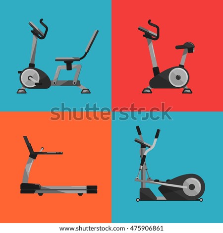 Vector illustration of gym sports equipment icons set. Treadmill, elliptical cross trainer, exercise bikes on color background.