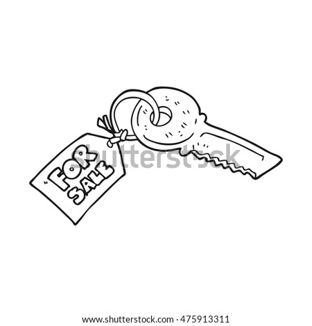freehand drawn black and white cartoon house key with for sale tag