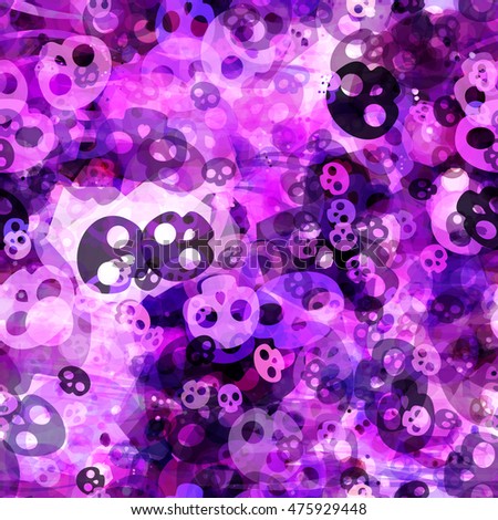 Purple seamless vector background of stylized skulls and stains. Overlapping, transparent, overlay, randomly mixed. Decorative pattern for Halloween, fabrics, printing, book covers