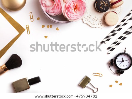 Cute feminine stuff on white background, top view Royalty-Free Stock Photo #475934782