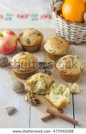 Walnut and cinnamon muffins, presented on a wooden board, specially prepared for Christmas carolers during Christmas Eve.