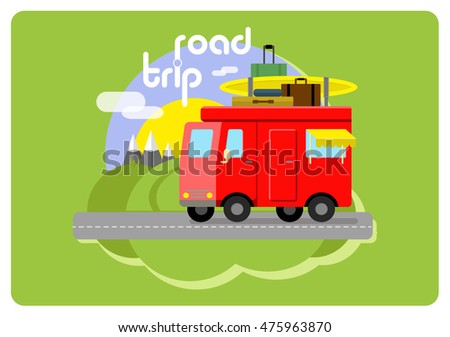 Flat vector illustration of traveler truck. Summer trip concept.