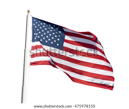 Photo of American flag waving on white background