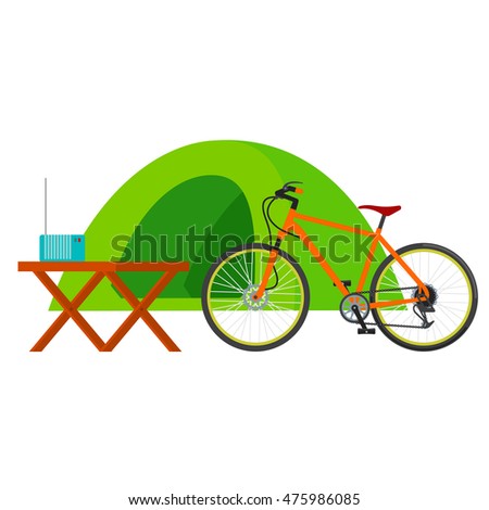 Forest campsite - small house for tourists. Traveling by bicycle. Vector flat Illustration. Isolated on a white background