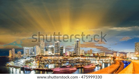 Amazing sunset colors of Miami. Downtown panoramic view.