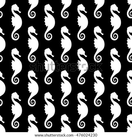 Seamless background with marine animals on a black background. The pattern of seahorses. Black and white image.