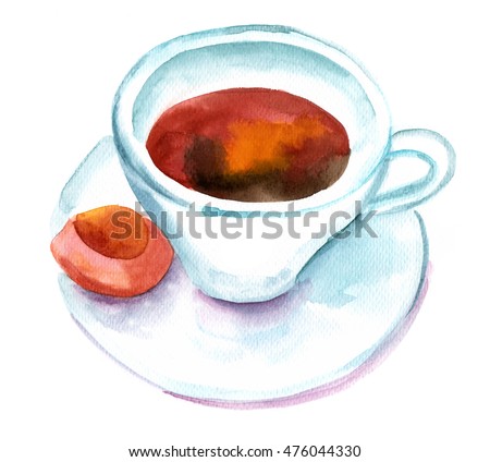 A loose watercolor sketch of a cup of black coffee with a biscuit, hand painted on white background; light breakfast illustration
