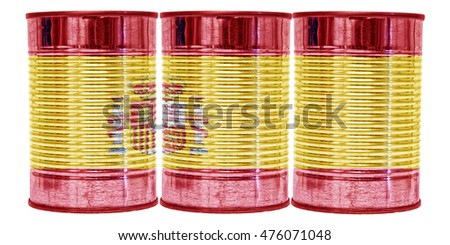 Three tin cans with the flag of Spain on them isolated on a white background.