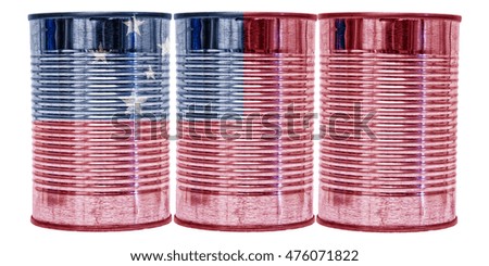 Three tin cans with the flag of Samoa on them isolated on a white background.
