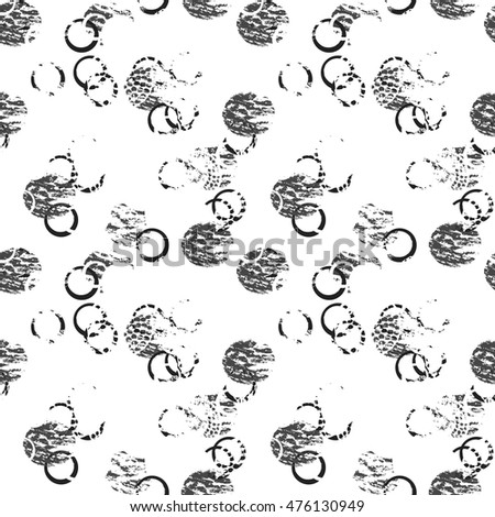 Black and white grunge abstract seamless pattern with circles, rings, different brush strokes and shapes. Infinity textured circles background. Vector illustration.