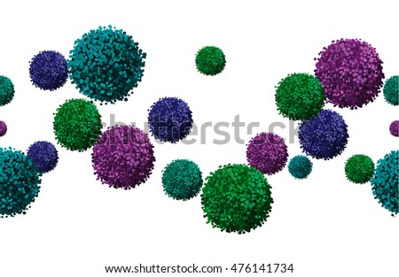 Vector colorful seamless horizontal border with a fluffy pompom, isolated on white background.