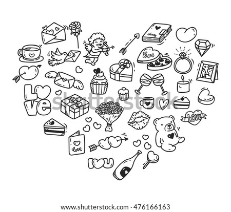 Set of valentine icon doodle in heart shape