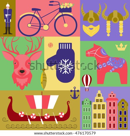 Vector set with elements and symbols of Sweden. Traditional Swedish souvenir, clothes, landmarks. Perfect promotion for greeting card, flyer, booklets and articles. Vector illustration