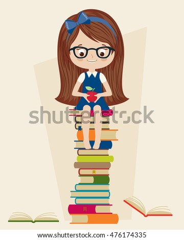 Little girl sitting on a pile of books and holding an apple.  Vector cartoon illustration