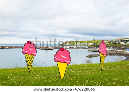 Big cartoon ice-cream. City decoration. Husavik, Iceland.