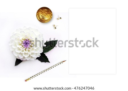 Mockup desktop. Flower with gold items on the table. Card invitation mock-up, flat lay. Wedding background
