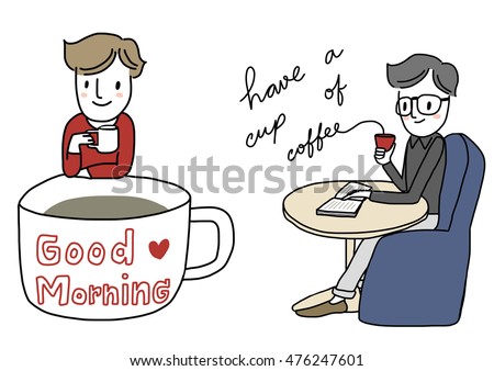 Set of man drinking coffee. Good morning greeting. vector illustration.