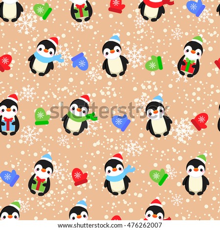 Abstract seamless pattern for girls, boys, clothes. Creative vector background with dots, penguins, snowflakes, gifts.Funny wallpaper for textile and fabric. Fashion style. Colorful bright.